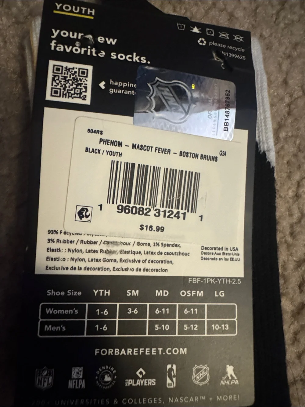 NHL Boston Bruins Youth Crew Socks in Yellow and Black